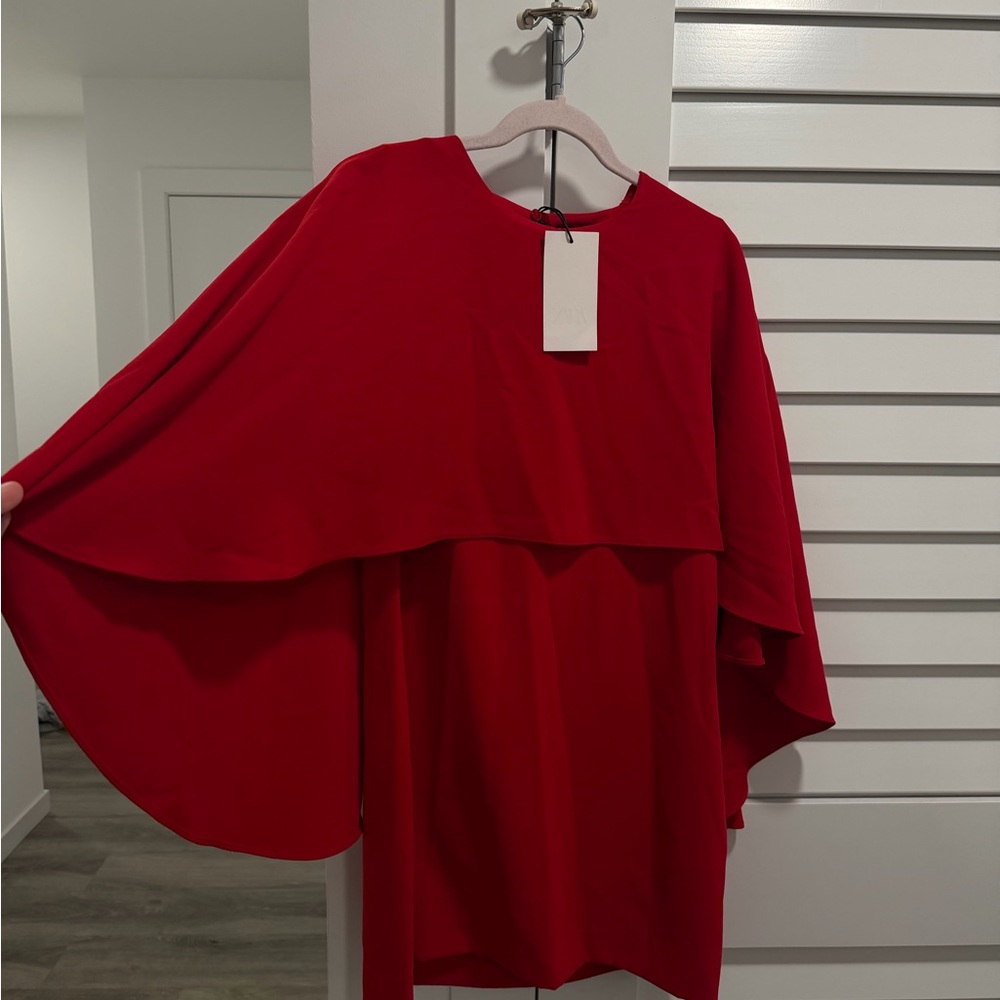 Red Cape-Sleeve Women's Dress
